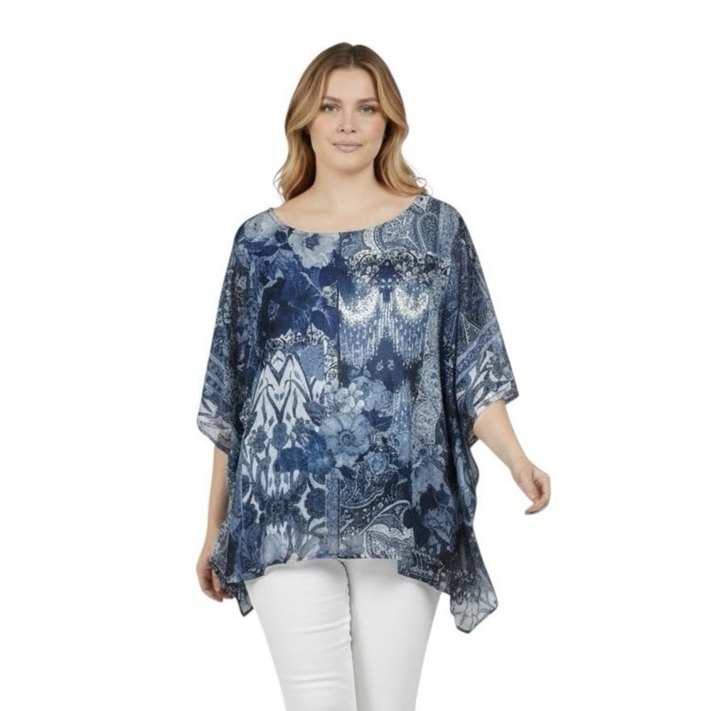 Chicos Size L/XL Silky Poncho Paisley Patchwork Print Blue Boho Resort Vacation